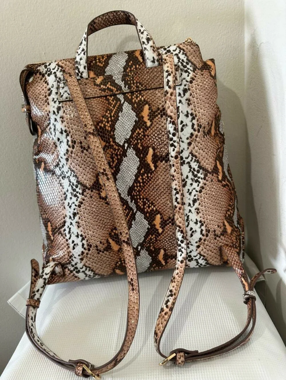 A New Day Brown Animal Print Backpack Top Handle Zip Closure Gold Hardware